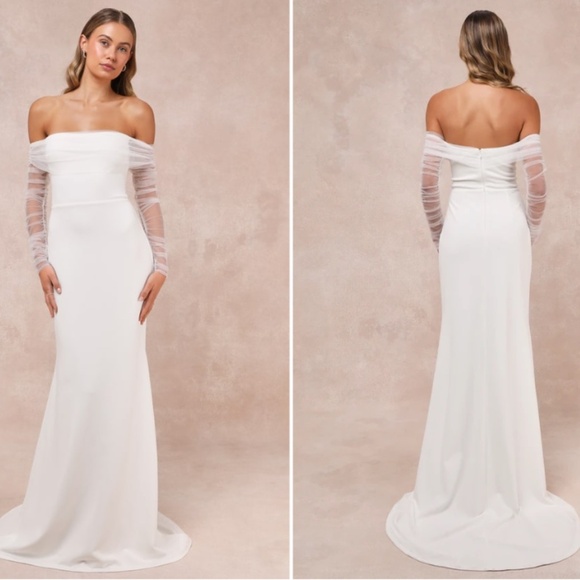 LULU's Beautifully Beloved White Mesh Off-the-Shoulder Bridal Gown NWOT - Picture 5 of 6